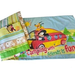 VINTAGE Disney Mickey Mouse & Friends Camping Theme Twin 3 Piece Sheet Set